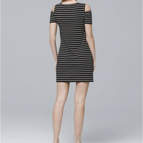 WHBM Casual Dress Striped Black White Knit Shift Medium Cutout Cold Shoulder - Picture 3 of 8
